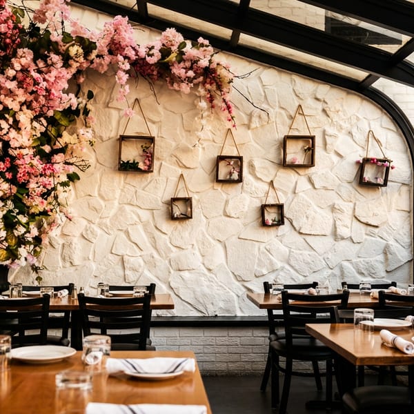 Restaurant dining room with wooden tables, black chairs, a stone wall, and pink floral decorations.