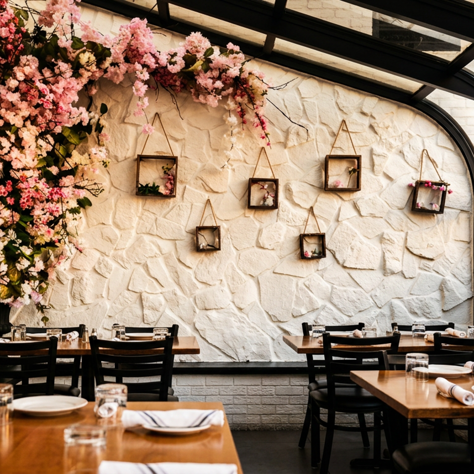 Restaurant dining room with wooden tables, black chairs, a stone wall, and pink floral decorations.