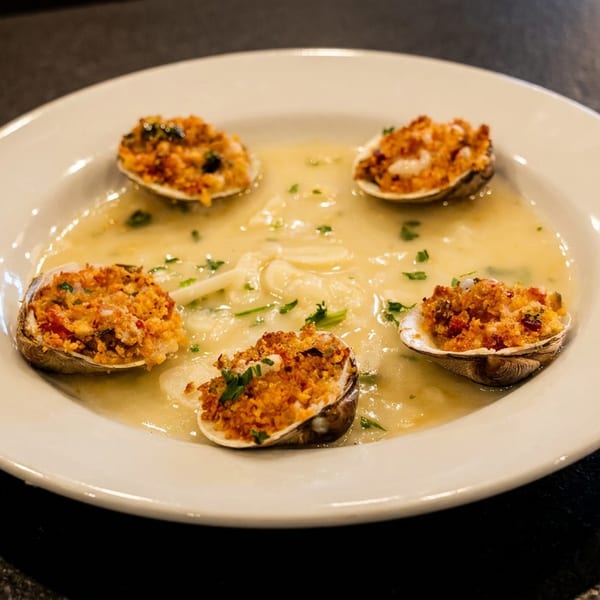 Five baked clams with breadcrumbs and herbs in a creamy sauce on a white plate.
