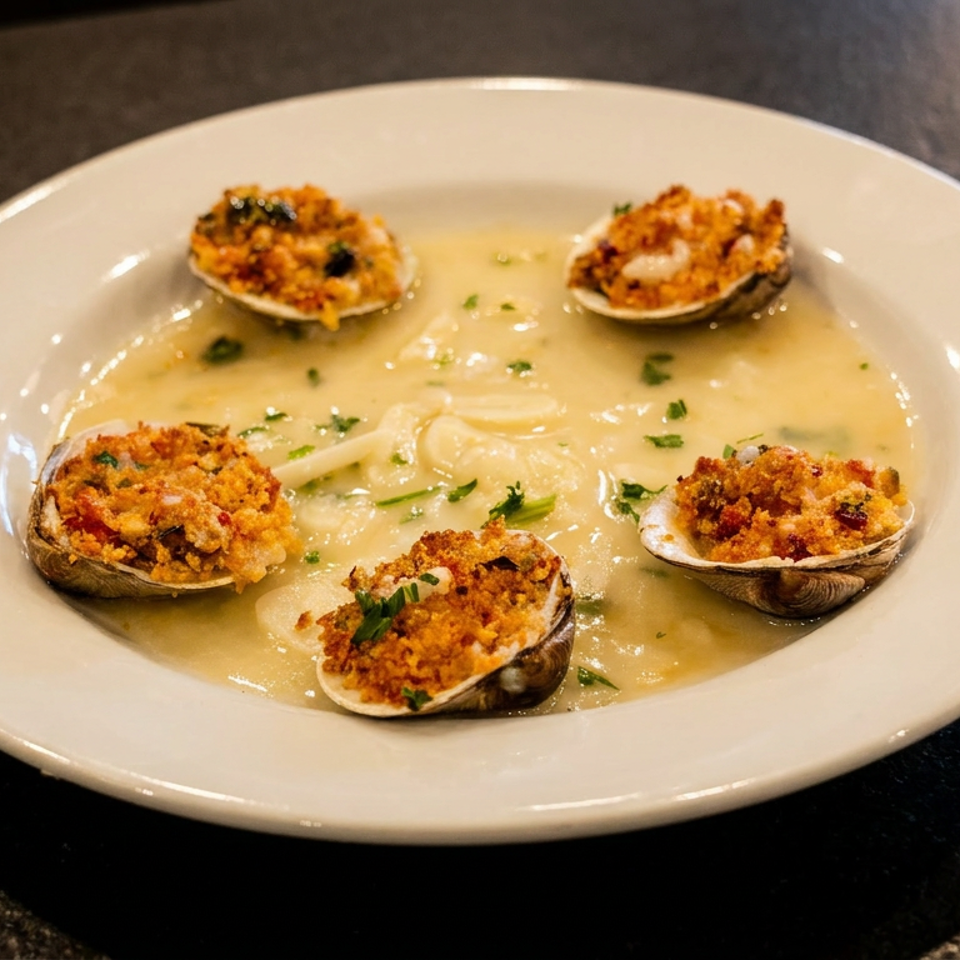 Five baked clams with breadcrumbs and herbs in a creamy sauce on a white plate.