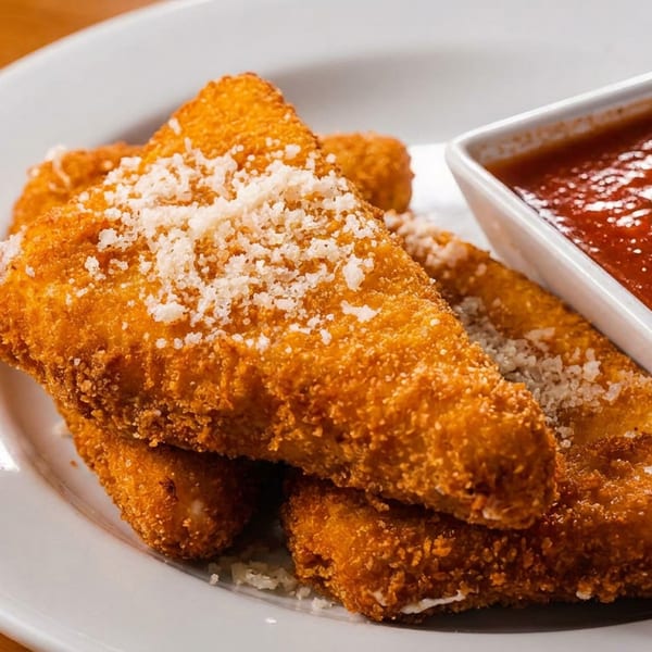 Golden-brown fried mozzarella sticks, sprinkled with Parmesan cheese, served with a side of marinara sauce.