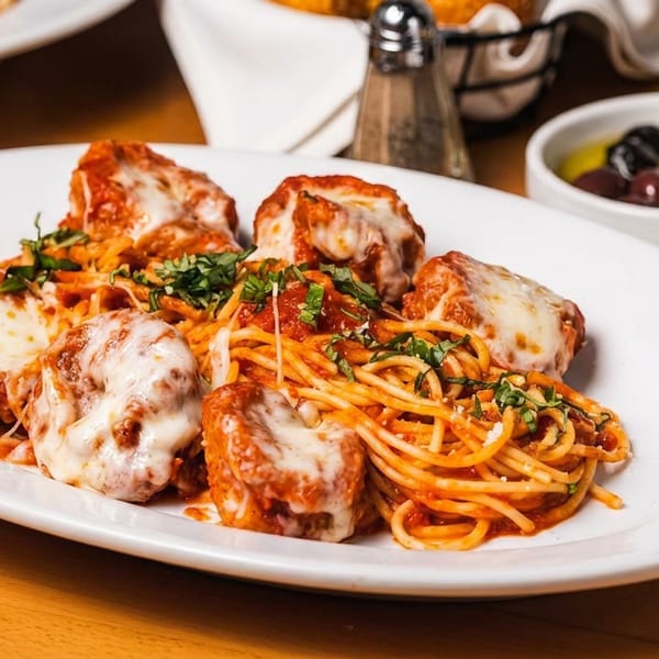 Spaghetti with meatballs covered in melted cheese and tomato sauce, garnished with fresh basil.