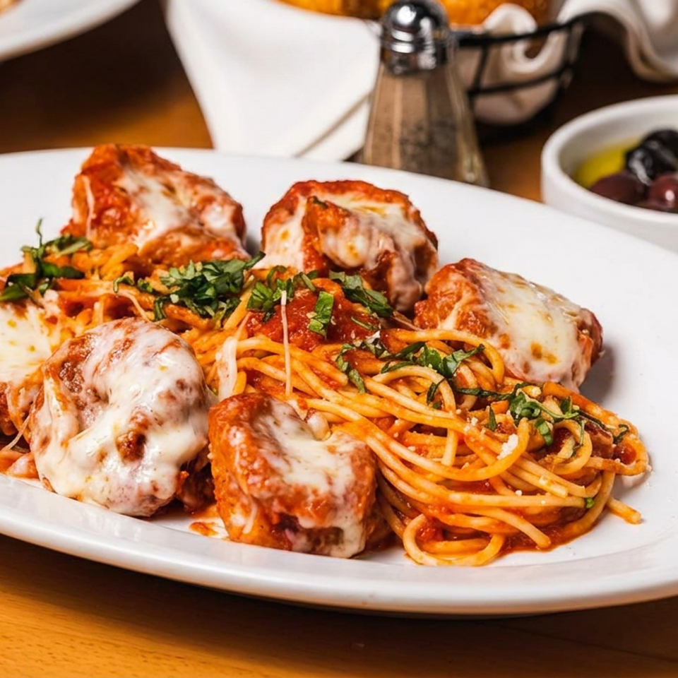 Spaghetti and meatballs with melted mozzarella cheese and fresh basil on a white plate.
