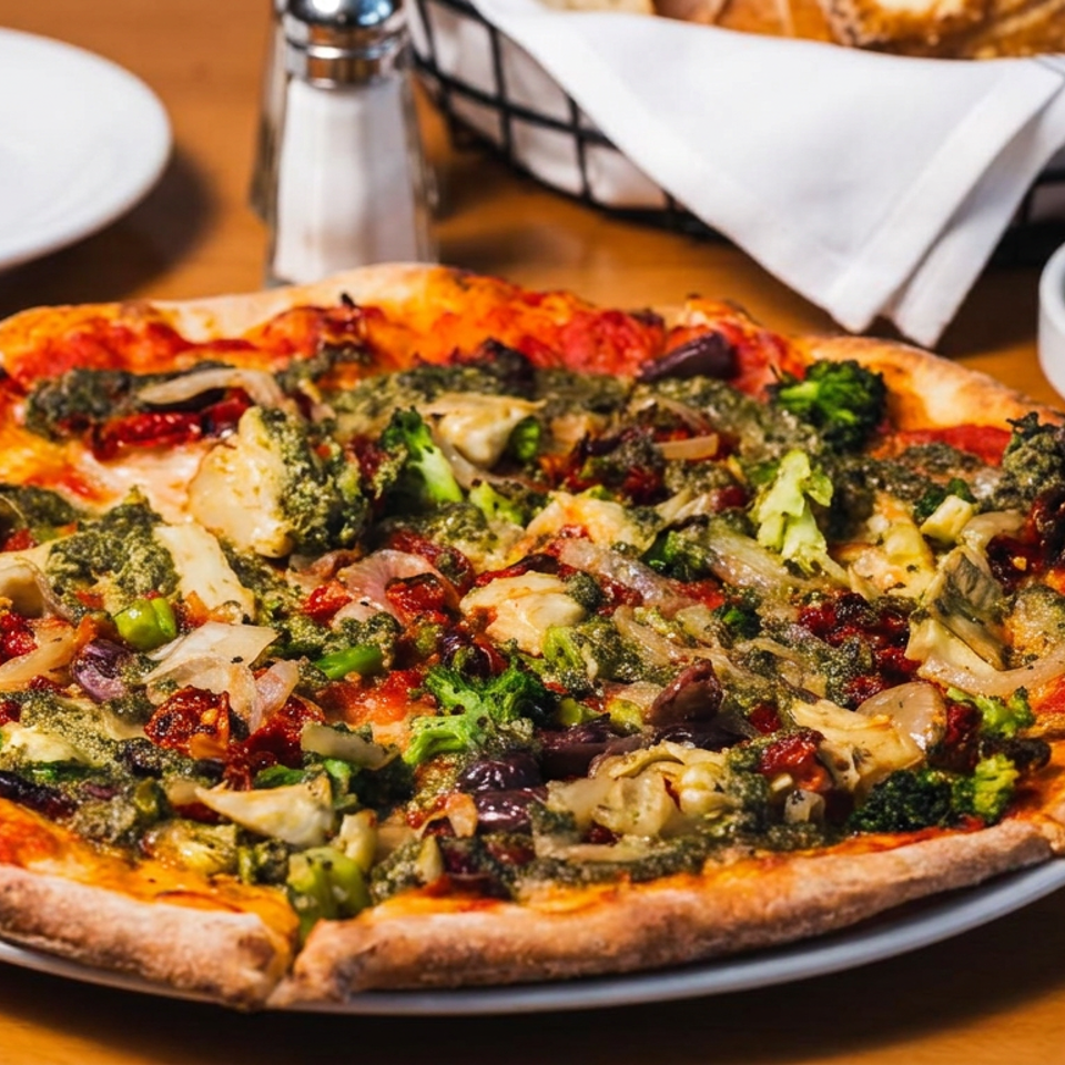 A whole vegetarian pizza with broccoli, artichokes, sun-dried tomatoes, and pesto on a wooden table.