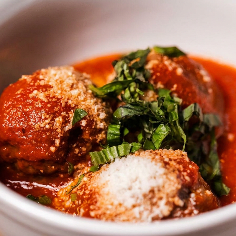 Meatballs in red sauce, topped with grated cheese and fresh basil, served in a white bowl.