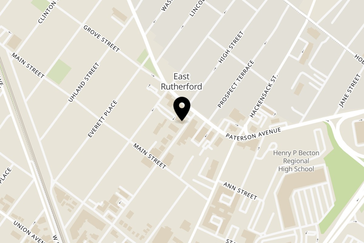 Map showing the location of Owner's Demo Restaurant on 119 Park Ave in East Rutherford